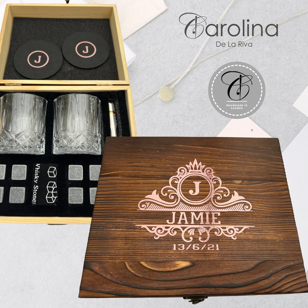 Personalised Whiskey Gift Set with Glasses, Coasters and Stones