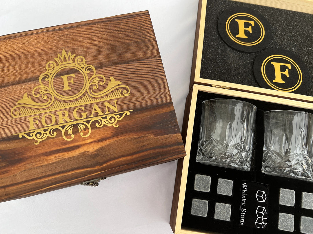 Personalised Whiskey Gift Set with Glasses, Coasters and Stones